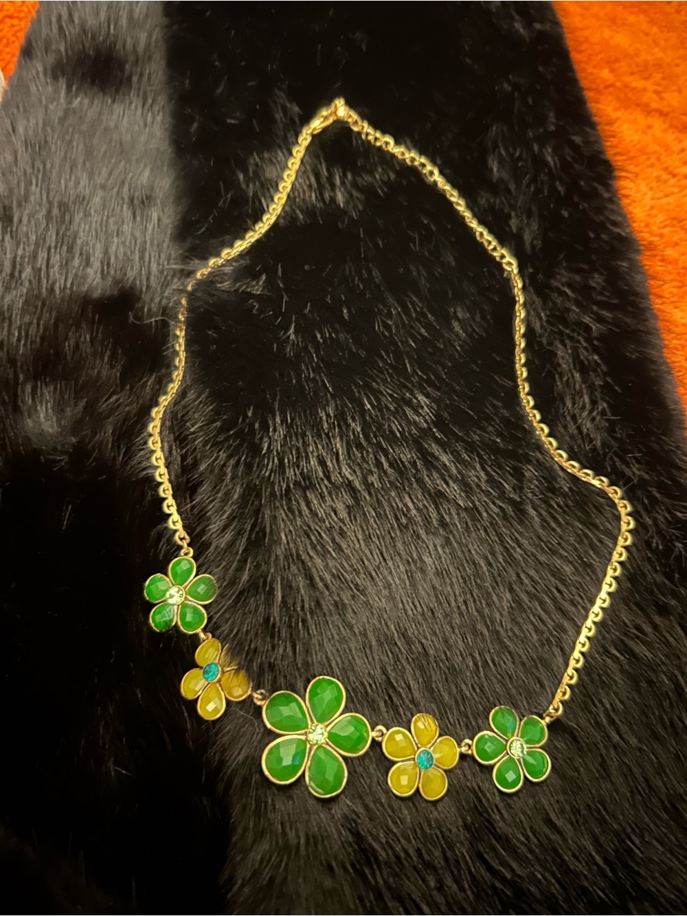 Floral Gold-Tone Necklace with Green and Yellow Enamel Flowers vintage